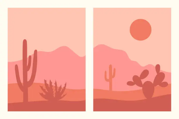 Vector illustration of Abstract contemporary aesthetic backgrounds set with southwestern landscape, desert, mountains, cactuses. Earth tones, terracotta colors. Boho wall decor. Mid century modern minimalist art print.