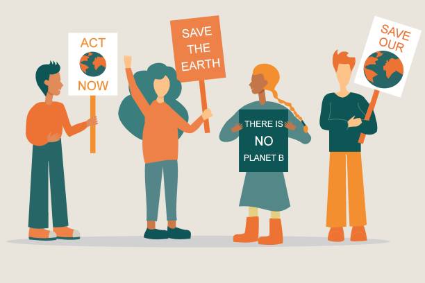 Activists with placards and posters on global strike for climate change Group of people with placards and posters on global strike for climate change climate protest stock illustrations