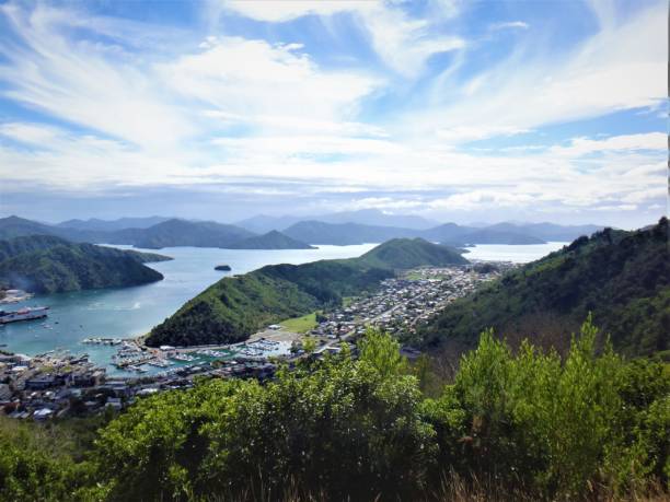 Beautiful Views of Picton area in New Zealand Beautiful aerial views of Picton area with the bay and green mountains in New Zealand picton new zealand stock pictures, royalty-free photos & images