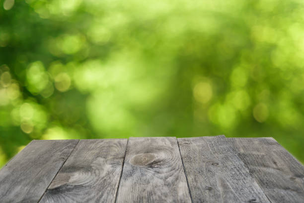 istock Black wooden table template with defocused foliage as background 1254103642