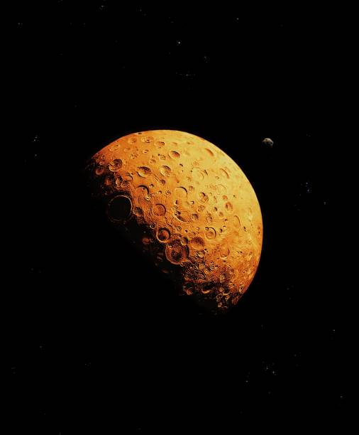 Red planet, covered with craters in space with asteroid and stars. Space background.