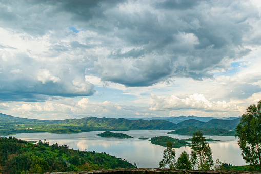 African hills and small lakes in the Virunga Mountains of Rwanda, close to the border to Uganda and DR Congo.