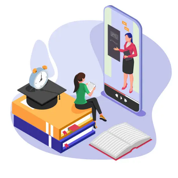 Vector illustration of Student using mobile phone do online learning with teacher in video call session. Female with books, graduation cap, alarm. Isometric E-Learning concept. Vector