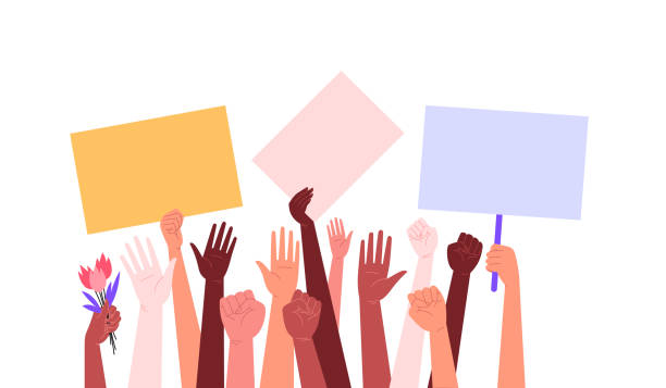 ilustrações, clipart, desenhos animados e ícones de as mãos das pessoas segurando cartazes em branco. - hand raised arms raised multi ethnic group human hand