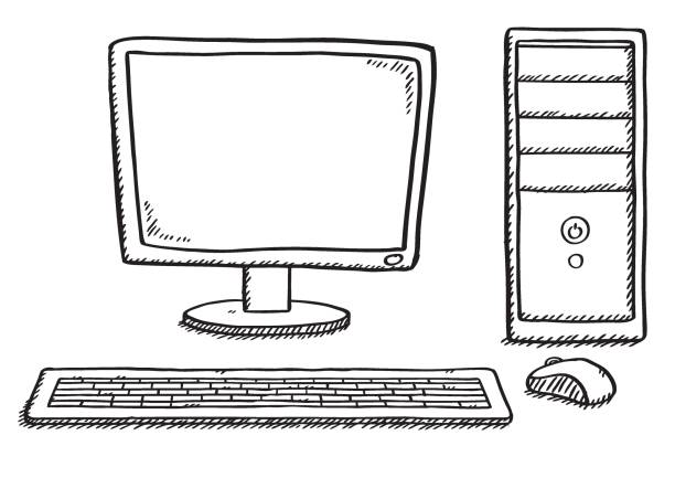 ilustrações de stock, clip art, desenhos animados e ícones de black and white doodle of computer. hand drawn doodle vector illustration. - wallpaper retro revival computer keyboard computer monitor