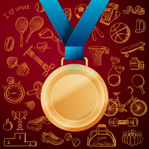 hand gezeichnet fitness doodle set mit goldmedaille - bronze medal boxing glove medal gold medal stock-grafiken, -clipart, -cartoons und -symbole