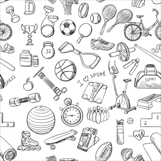 Hand drawn Fitness Sport doodle pattern Hand drawn doodle sport seamless pattern. Vector background for your design. clip art of how to draw a train stock illustrations