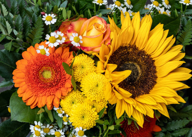 istock Fresh Sunflower Gerbera Mix Bouquet Yellow Orange Green 1254119284