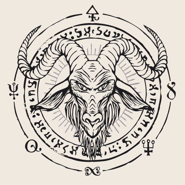 banner with horned goat head and magic signs Hand-drawn horned goat head on a background of occult and witchcraft signs. The symbol of Satanism Baphomet and magic signs written in a circle satan goat stock illustrations