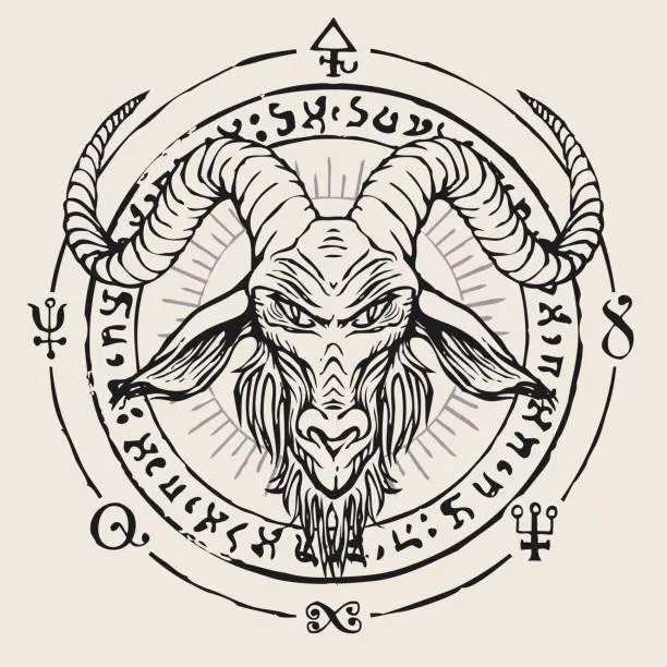 Vector illustration of banner with horned goat head and magic signs