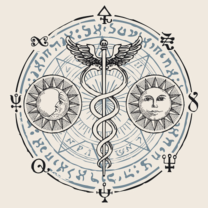 Caduceus with two snakes and wings. Vector banner with hand-drawn staff of Hermes, sun, moon, esoteric signs and magic symbols written in a circle. Medical symbol
