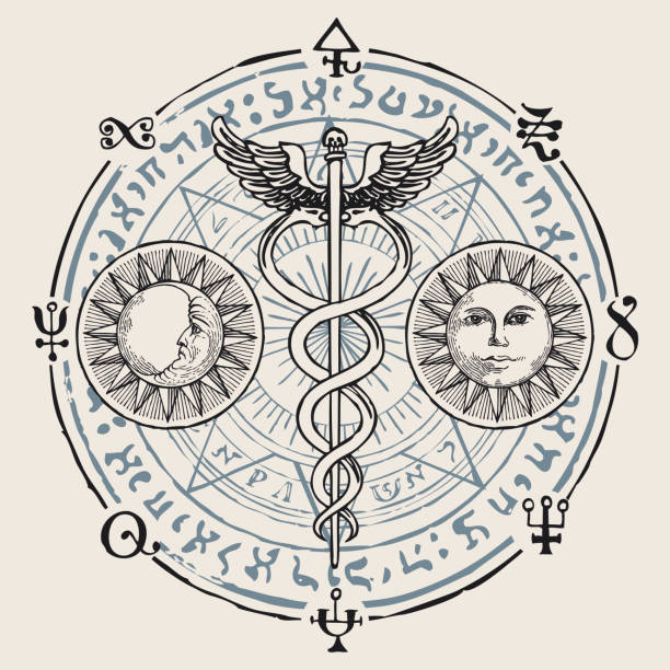 banner with hermes staff caduceus and runes Caduceus with two snakes and wings. Vector banner with hand-drawn staff of Hermes, sun, moon, esoteric signs and magic symbols written in a circle. Medical symbol alchemy stock illustrations