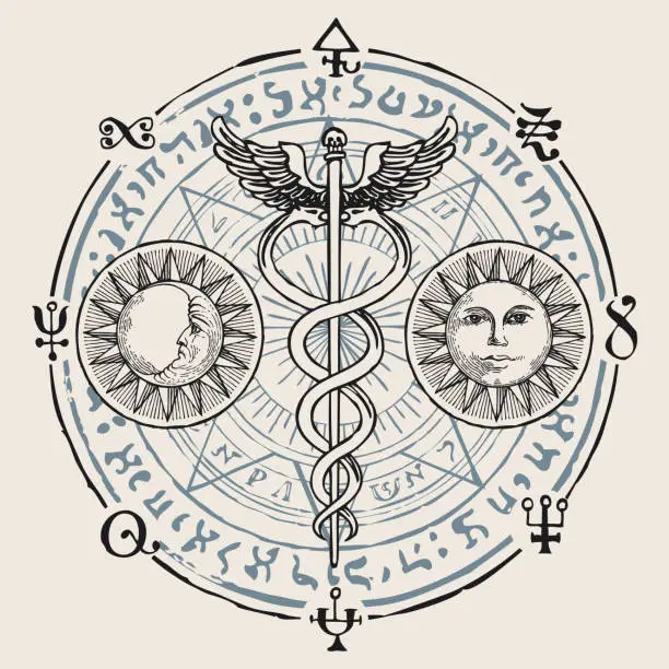 Vector illustration of banner with hermes staff caduceus and runes