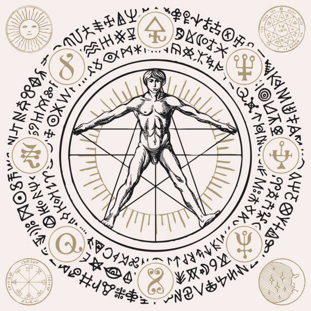 vintage hand drawn banner with a human figure Illustration with a human figure like Vitruvian man by Leonardo Da Vinci, alchemical and masonic symbols. Hand-drawn banner with esoteric and magical signs written in a circle in retro style illegible stock illustrations