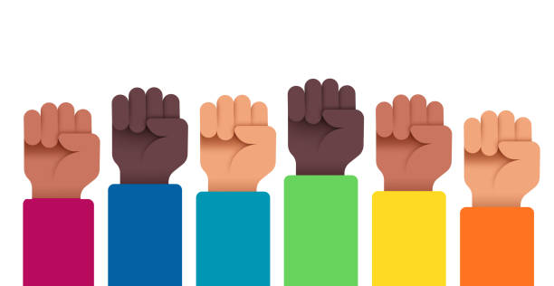 протестующие люди с поднятыми руками - shaking fist stock illustrations