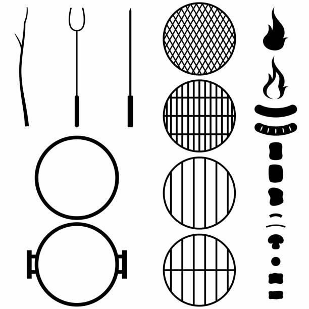 ilustraciones, imágenes clip art, dibujos animados e iconos de stock de campfire food and supplies vector illustration set on white - fire pit fire camping burning