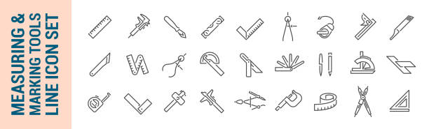 ilustraciones, imágenes clip art, dibujos animados e iconos de stock de herramientas de medición y marcado. conjunto de iconos de línea aislada vectorial - caliper