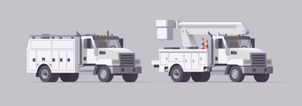 illustrazioni stock, clip art, cartoni animati e icone di tendenza di camion di utilità vettoriale. camion a secchiello aereo isolato. raccoglitore di ciliegie. camion di servizio box - secchio