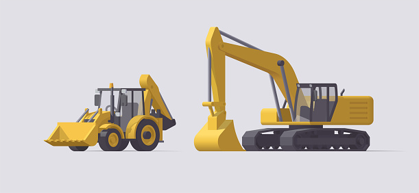 Vector backhoe loader tractor & excavator. Isolated illustration