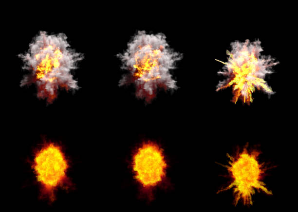 six round explosions of rocket interception blast or ack-ack shell hit or view from top on bang isolated on black - 3D illustration of object 6 round explosions of anti air gun shell hit or view from top on bang or missile interception blast isolated on black - 3D illustration of objects missile destruct system stock pictures, royalty-free photos & images