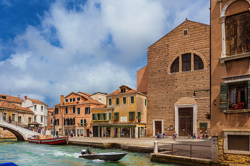 Venice, Italy - June 16, 2016: View of Campo San Pantalon Square from Rio Ca Foscari canal in Venice historic center