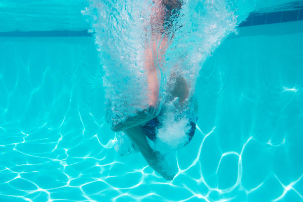 istock Moment After Entry When Doing a Cannonball into a Crystal Clear Pool Feet First 1254141562