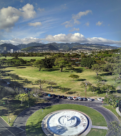 Aerial view of Dillingham Fountain and, Kapiolani Park on Oahu, Hawaii.  April 29 2020.
