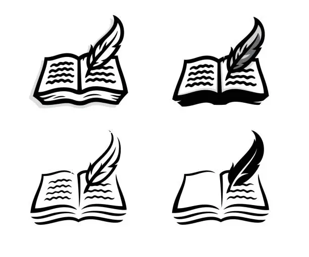 Vector illustration of old open book and feather
