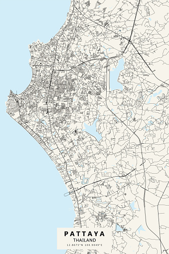 Poster Style Topographic / Road map of Pattaya, Thailand. Original map data is open data via © OpenStreetMap contributors