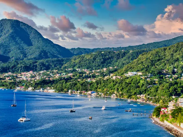 Blue Water and Green Hills of Dominica in the Caribbean