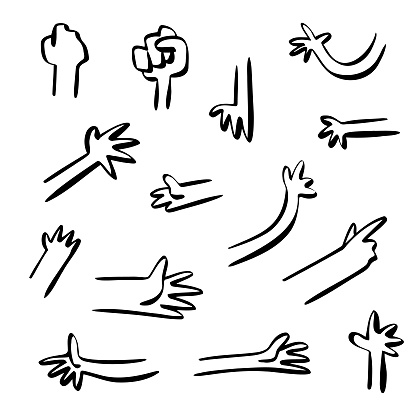 Vector illustration of a collection of human hands in a hand drawn and ink style. Cut out design elements for social media platforms, online messaging, graphic user interfaces and design projects in general.