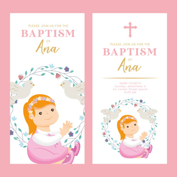 baptism invitation baptism invitation card large with girl baby and holy spirit. vector illustration christening stock illustrations