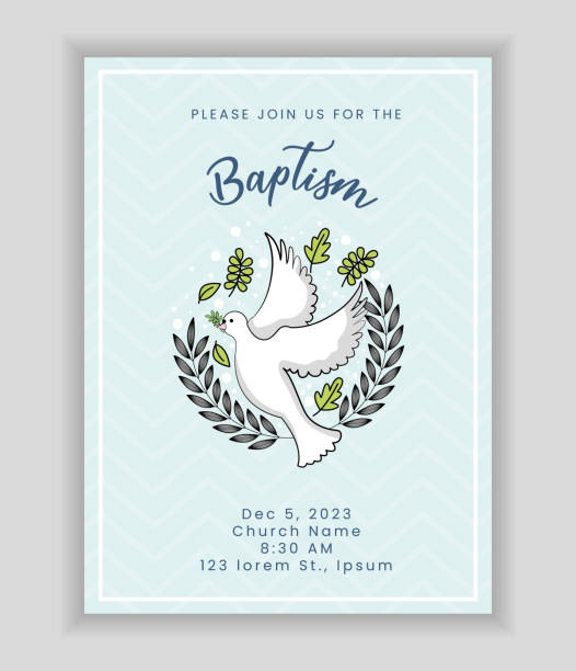 baptism invitation blue baptism invitation card with holy spirit between leaves. vector illustration christening stock illustrations