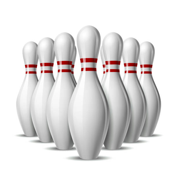 Group of ten bowling pins. Skittles with red stripes for Sport competition or Activity and fun game. Group of ten bowling pins. Skittles with red stripes for Sport competition or Activity and fun game. Vector illustration isolated on white background bowling alley wood stock illustrations
