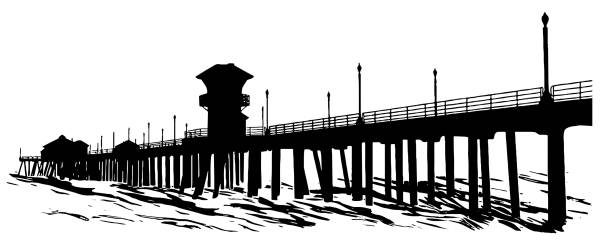 ilustrações, clipart, desenhos animados e ícones de silhueta de pier sobre o oceano - huntington beach