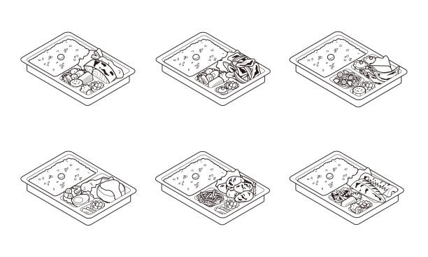 ilustraciones, imágenes clip art, dibujos animados e iconos de stock de un conjunto de 6 ilustraciones de la lonchera para llevar a casa en japón - bento