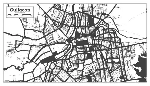 Vector illustration of Culiacan Mexico City Map in Black and White Color in Retro Style. Outline Map.