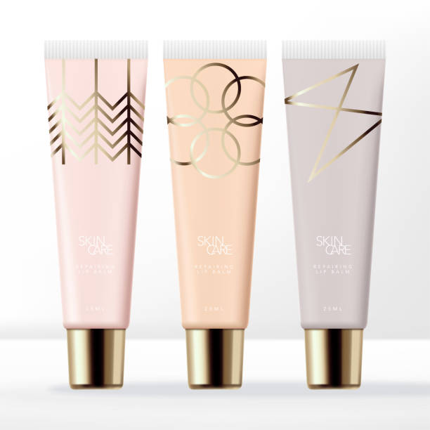 illustrations, cliparts, dessins animés et icônes de vector pastel clear lip gloss tube packaging with gold screw cap - minimal line art pattern - lip balm illustrations