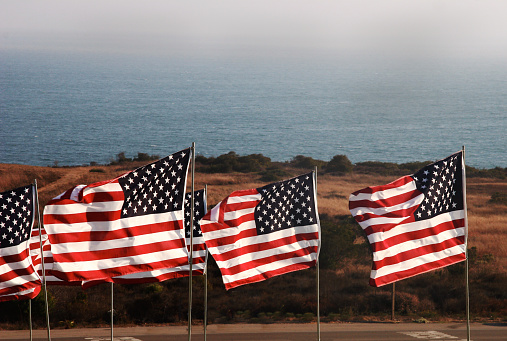 Flags flying by the sea in Malibu