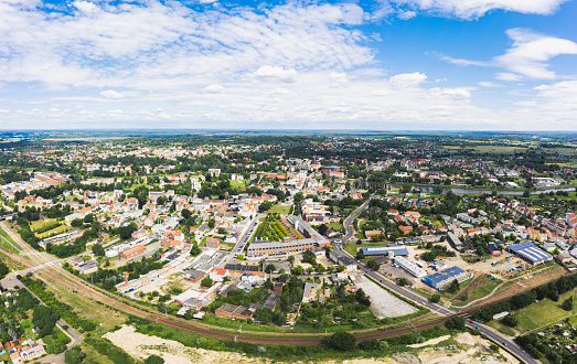 aerial cityscape photo of German Polish town Guben or Gubin on a summer day