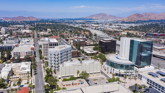 Aerial day time view of downtown Riverside, California.