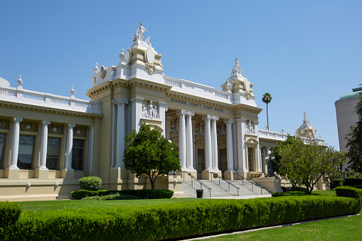 Day time view of the historic Riverside County Courthouse, in the heart of the Riverside, California's Civic Center.