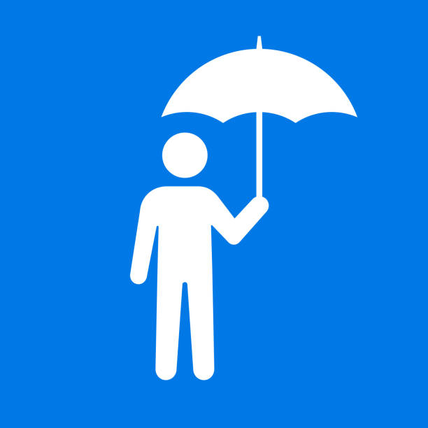 우산 아이콘 아래 남자 - protection umbrella people stick figure stock illustrations