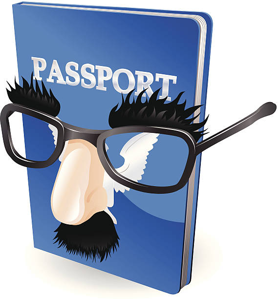 Identity fraud concept Identity theft concept. Passport wearing a disguise of fake glasses and nose. groucho marx disguise stock illustrations
