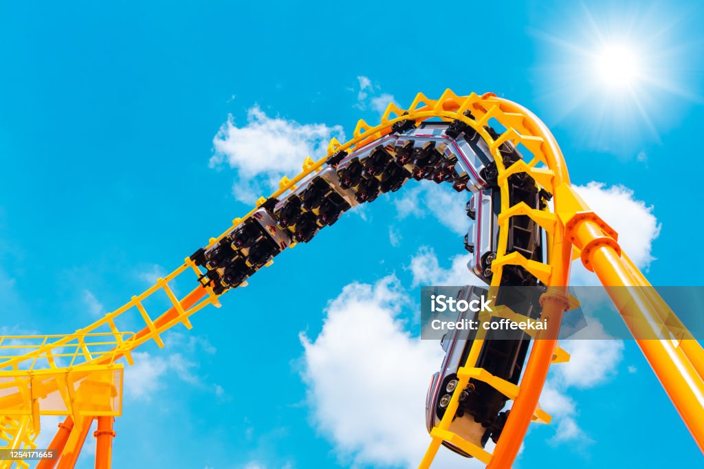 Rollercoaster railroad car no people testing track high to the sky roll bend and twist for exciting fun people at theme park during Coronavirus(Covid-19) pandemic Rollercoaster Stock Photo