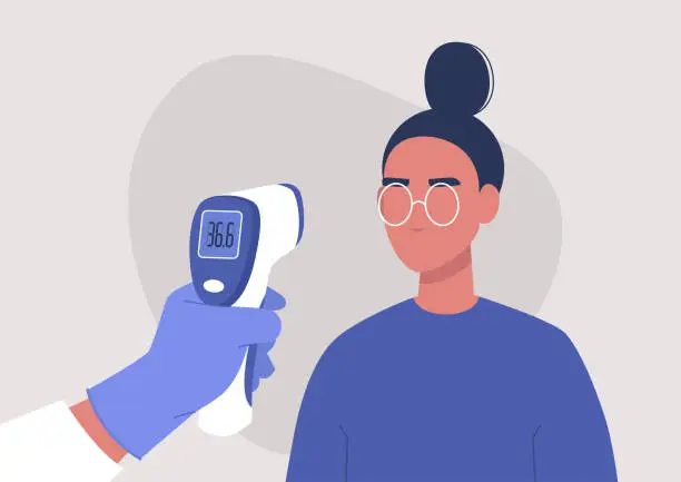 Vector illustration of Covid-19 prevention, a hand holding a body Medical Infrared Thermometer, a young female patient