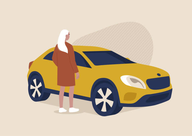 ilustrações de stock, clip art, desenhos animados e ícones de young female character standing next to a suv, transportation, car sharing - truck pick up truck side view car