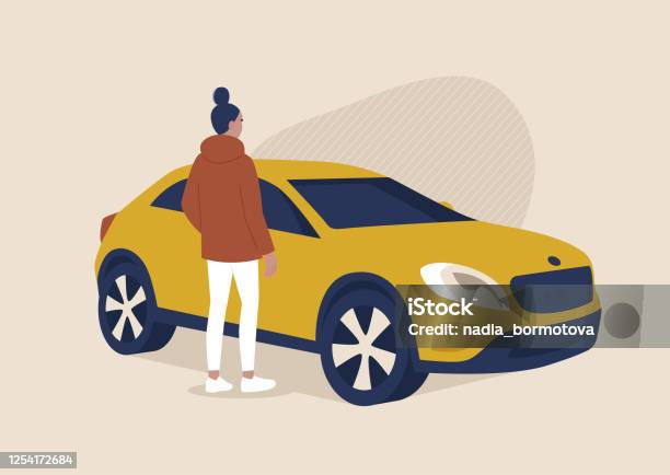 Young Female Character Standing Next To A Suv Transportation Car Sharing Stock Illustration - Download Image Now