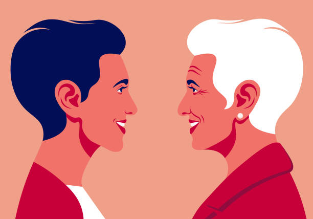 Profiles of an elderly woman and young woman. The faces is on the side view. Profiles of an elderly woman and young woman. The faces is on the side view. Avatars. Vector Flat Illustration woman portrait short hair stock illustrations