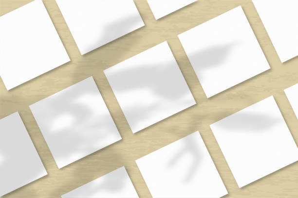 istock Several square sheets of white textured paper against a yellow wall background. Natural light casts shadows from an exotic plant. Flat lay, top view 1254178072